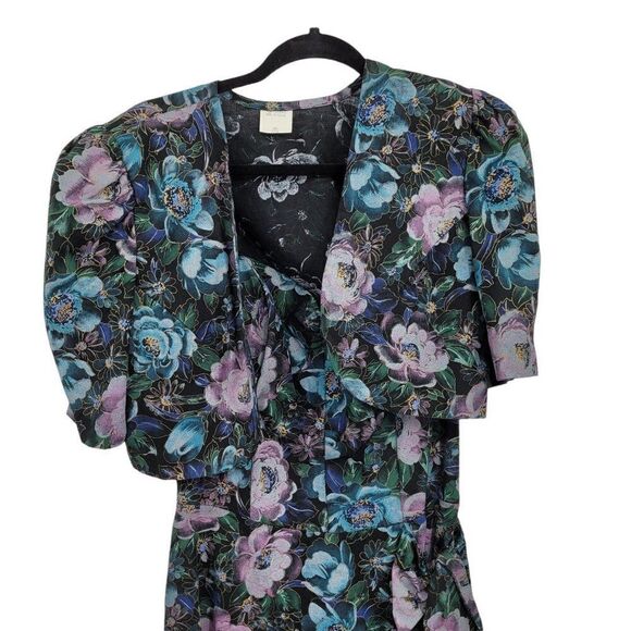 Vtg 80's Womens Dress Set Strapless Smocked Sweetheart Faux Wrap Floral Blk XS - Picture 7 of 13